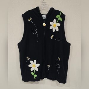 Quacker Factory Black Daisy Bees Honey Floral Zip-up Hooded Vest Sz 3X